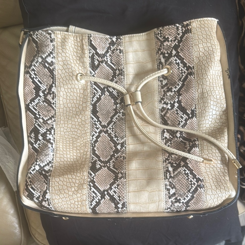 Snakeskin Patterned Beige Tote Bag